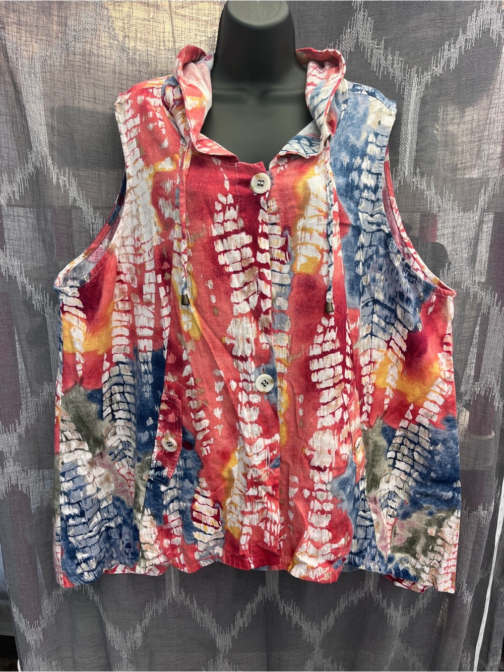 For Cynthia Red Multi Tie-Dye Sleeveless Hooded Button Top